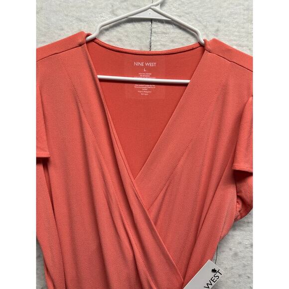 NWT Nine West Coral Faux Wrap Dress Flutter Sleeves Tie Waist Size L - Picture 3 of 10